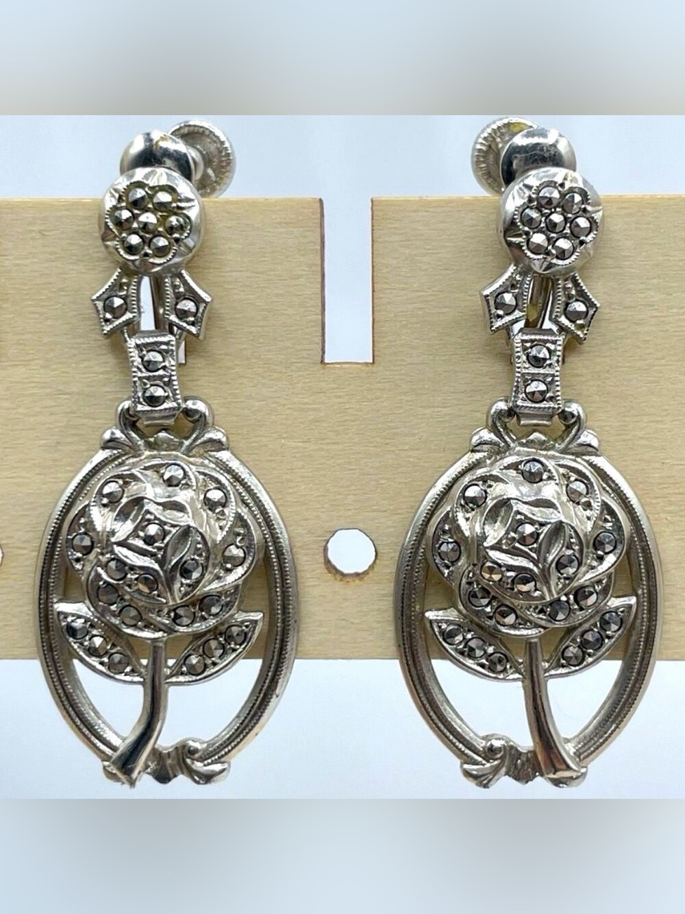 Vintage 925 Sterling Silver Rose Dangle Screw Back Earrings Art Deco Victorian